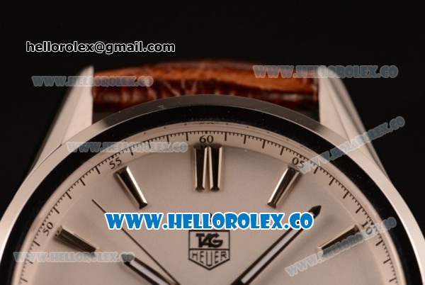 Tag Heuer Carrera Calibre 5 wiss ETA 2824 Automatic Steel Case with White Dial Stick Markers and Brown Leather Strap - Click Image to Close